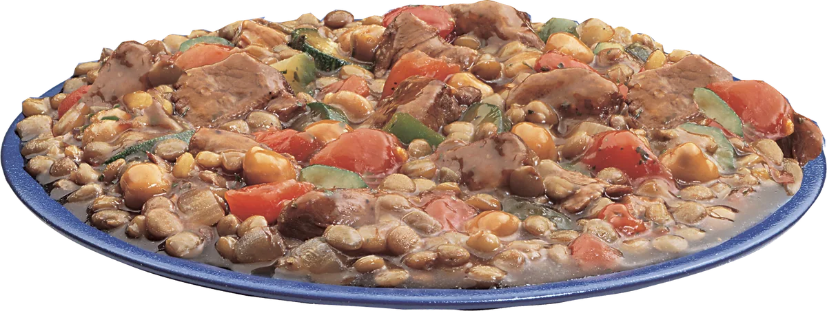 J&M beef and lentil stew on a blue plate