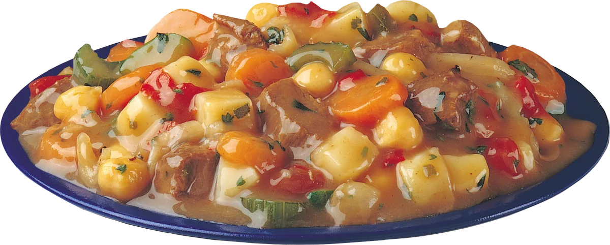 J&M beef stew on a blue plate