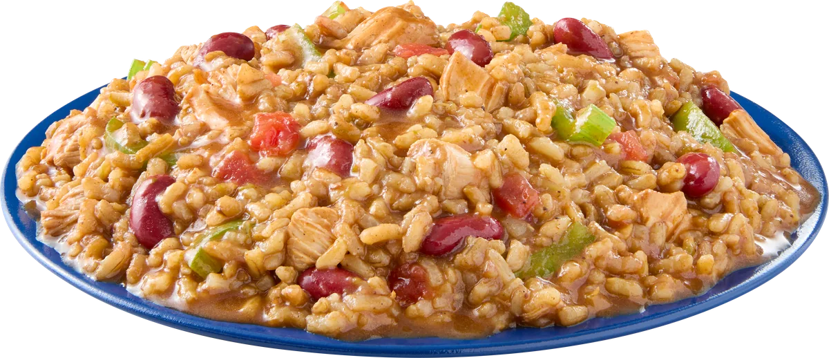 J&M chicken jambalaya on a blue plate