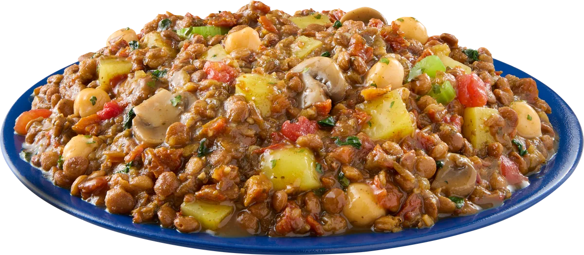My Own Meal hearty lentil stew on a blue plate