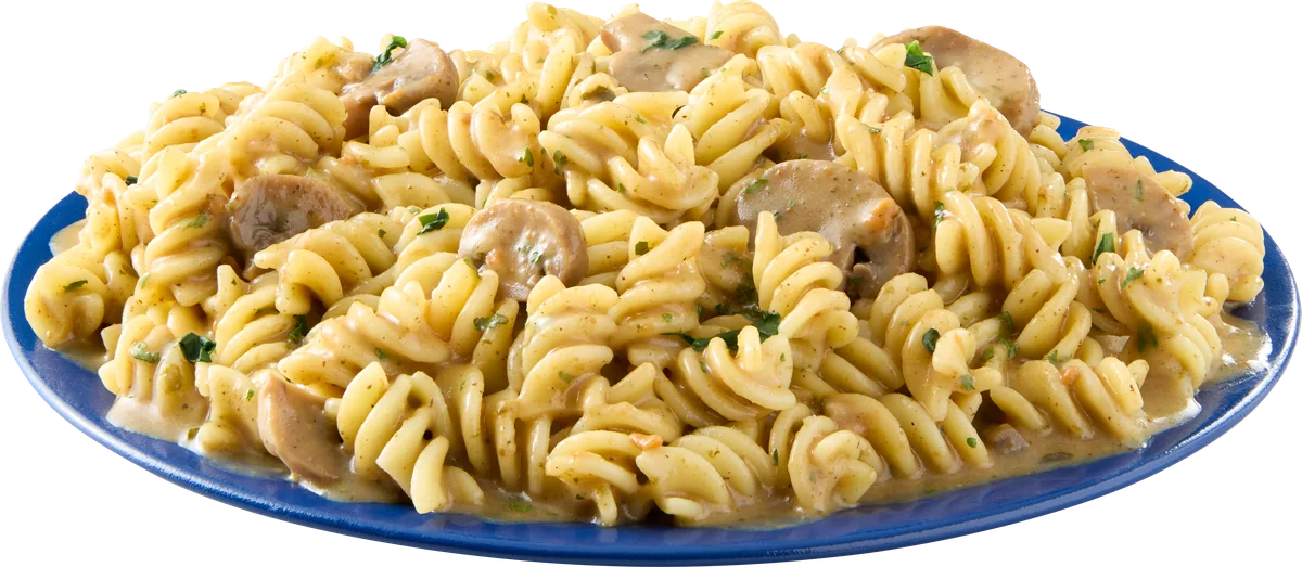 My Own Meal mushroom stroganoff on a blue plate
