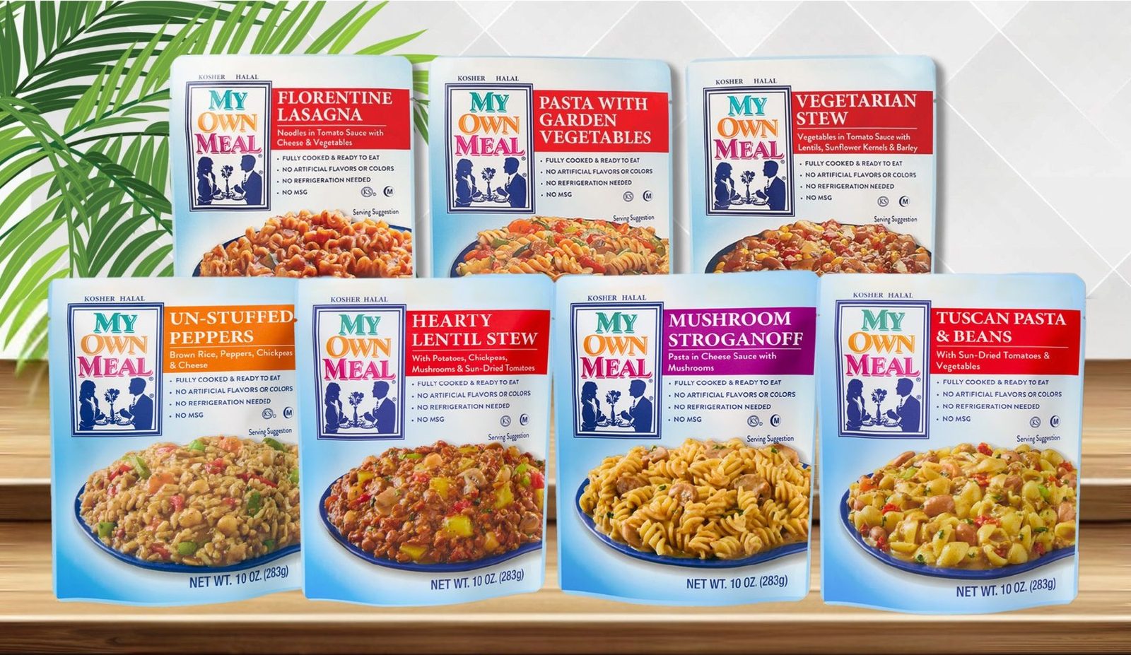 My Own Meal brand vegetarian meal pouches, dual certified Kosher and Halal