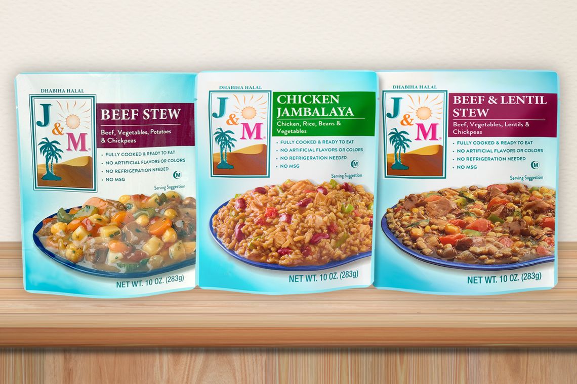 JM_MEALS_HALAL_CERTIFIED Three J&M halal certified meal pouches: Beef Stew, Chicken Jambalaya and Beef and Lentil Stew