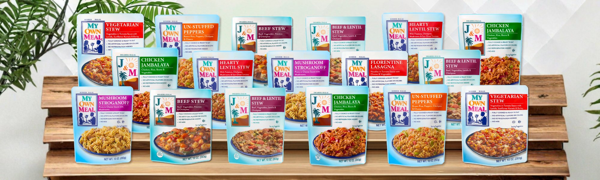 J&M and My Own Meals halal certified shelf stable meal pouches on a display shelf
